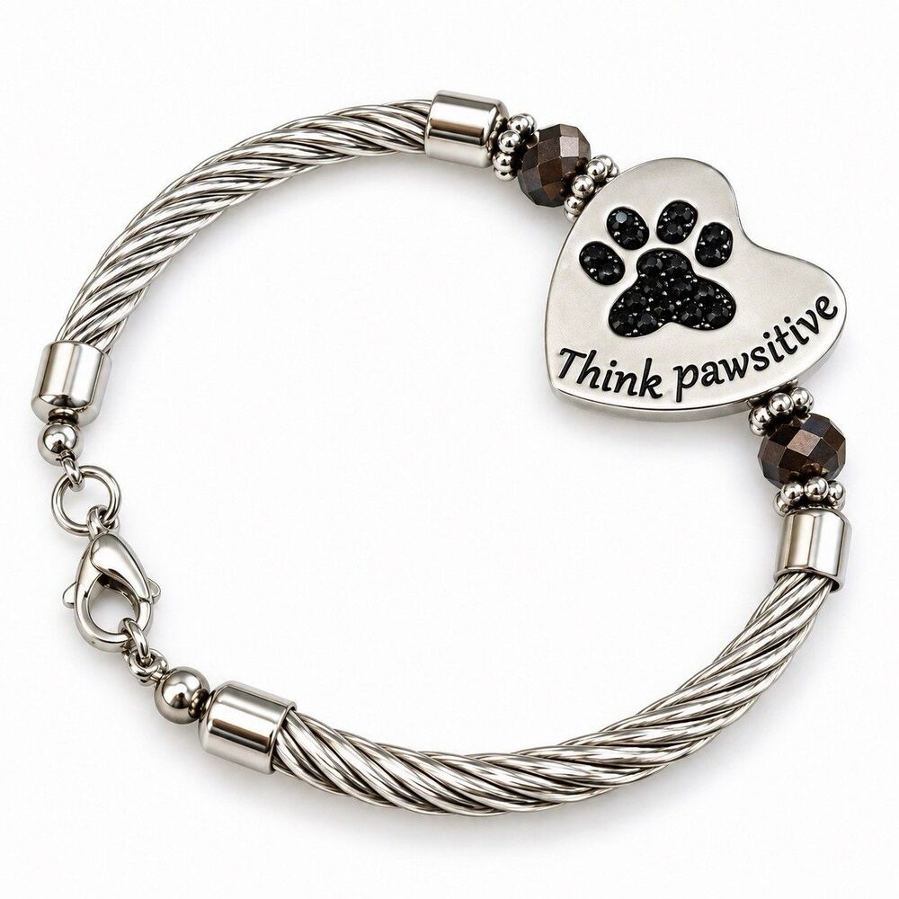 Think Pawsitive Paw Print Heart Bracelet Silver Tone Twisted Cable Pet Lover